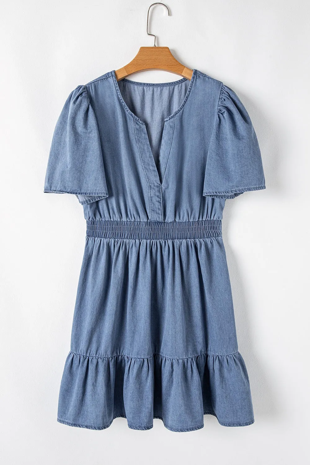 Hazel Blues® |  Ruffled Hem Smocked Flutter Sleeve Denim Mini Dress