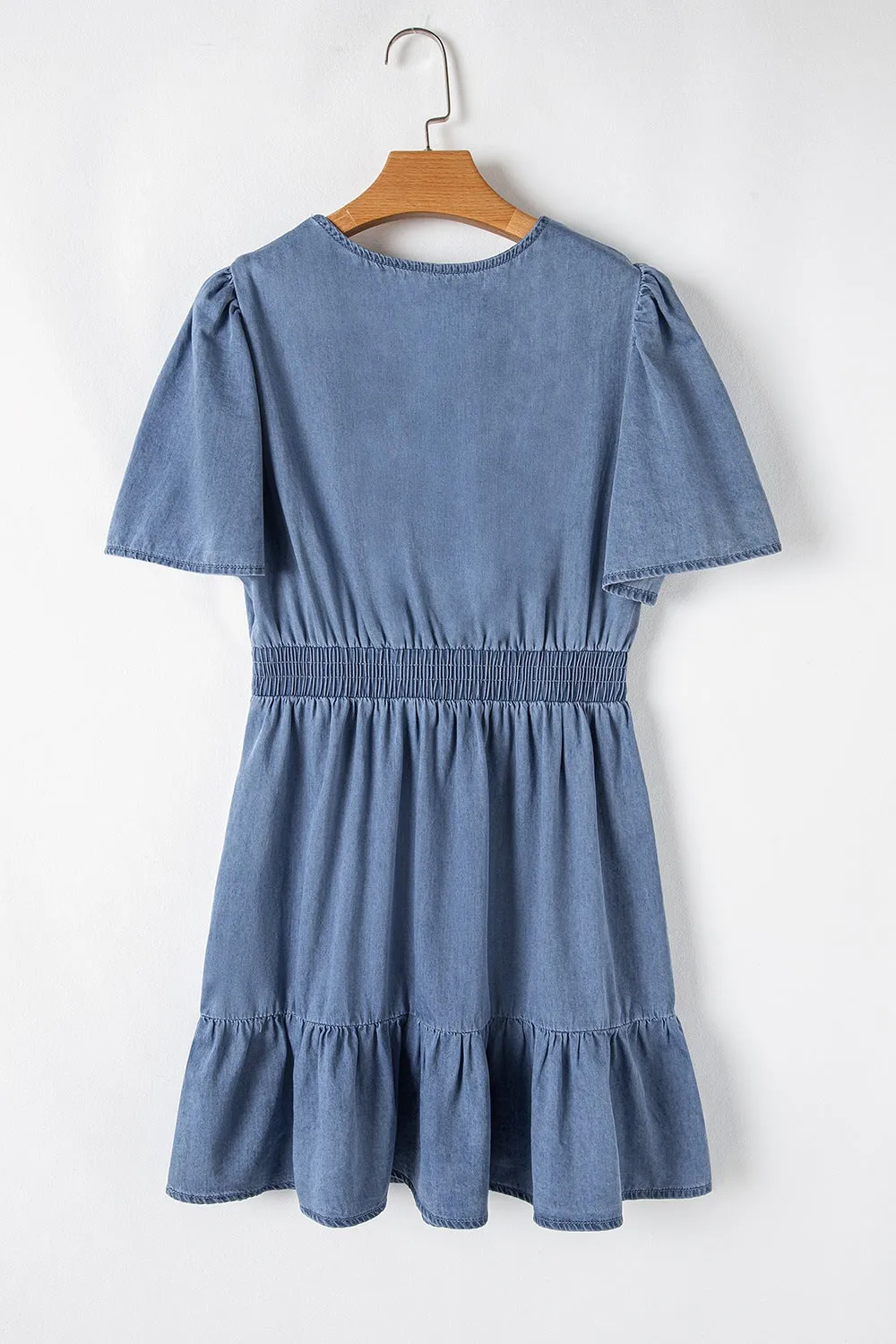 Hazel Blues® |  Ruffled Hem Smocked Flutter Sleeve Denim Mini Dress
