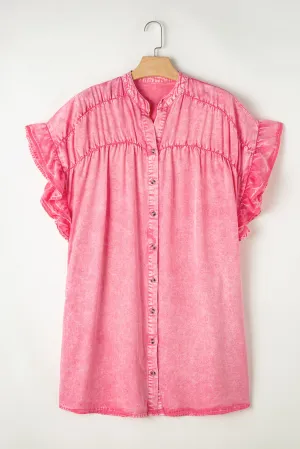 Hazel Blues® |  Ruffled Notched Cap Sleeve Denim Dress