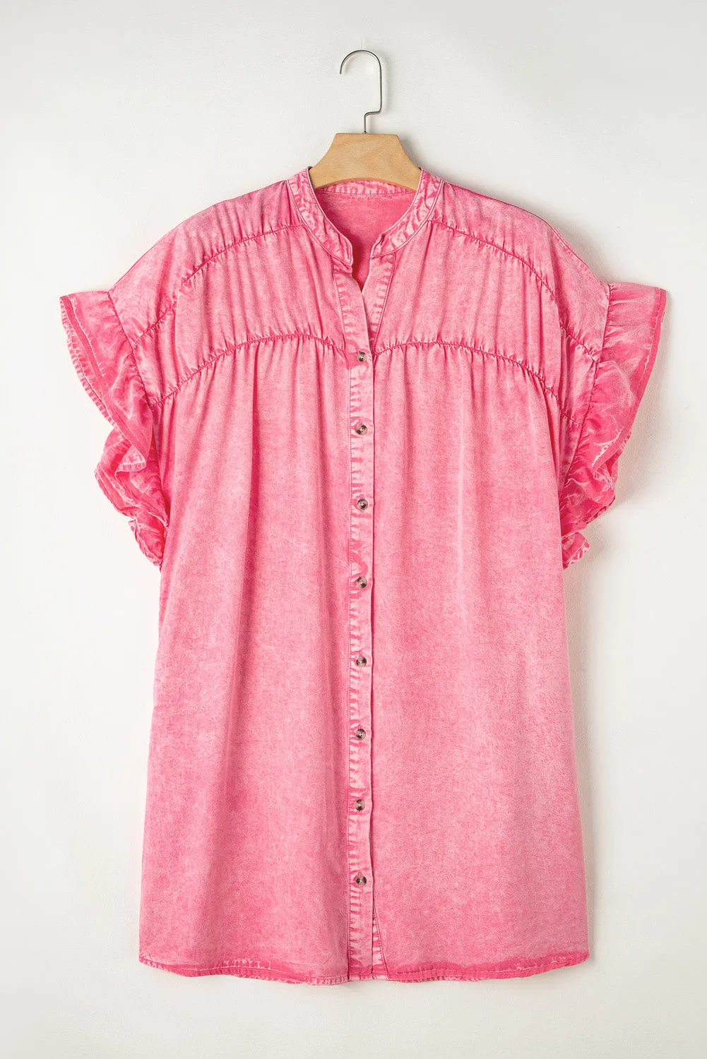 Hazel Blues® |  Ruffled Notched Cap Sleeve Denim Dress