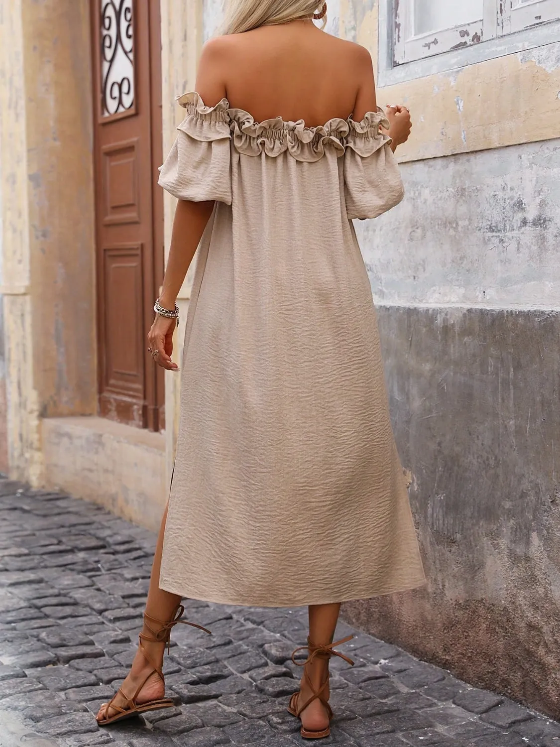 Hazel Blues® |  Ruffled Off-Shoulder Puff Sleeve Midi Dress