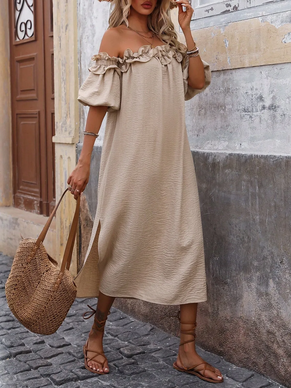 Hazel Blues® |  Ruffled Off-Shoulder Puff Sleeve Midi Dress