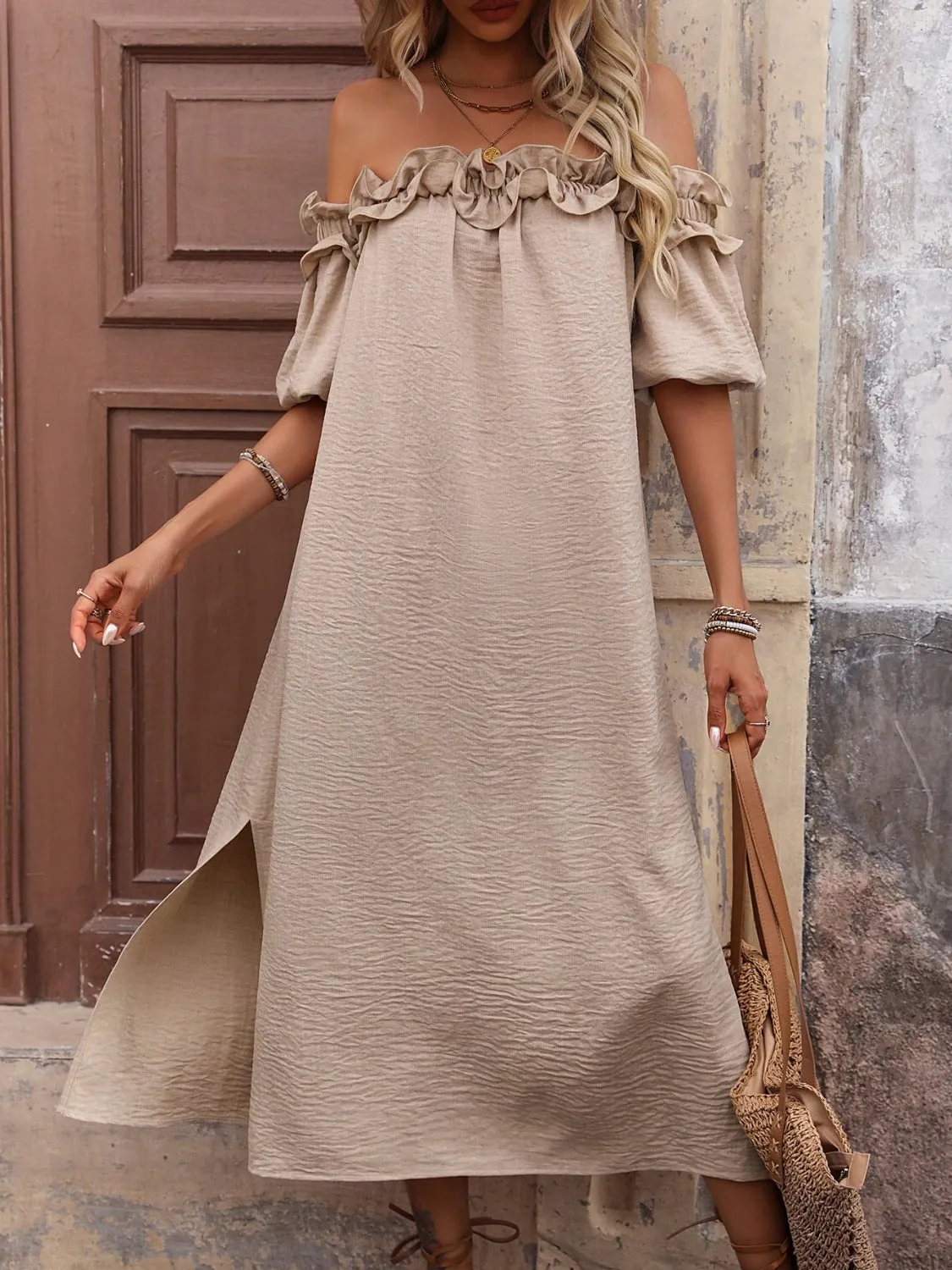 Hazel Blues® |  Ruffled Off-Shoulder Puff Sleeve Midi Dress