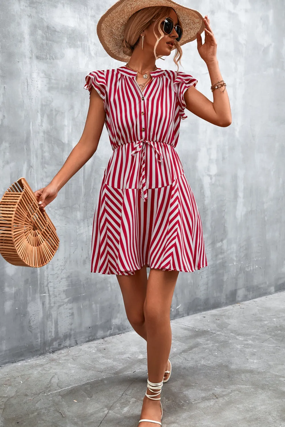 Hazel Blues® |  Ruffled Striped Cap Sleeve Mini Dress