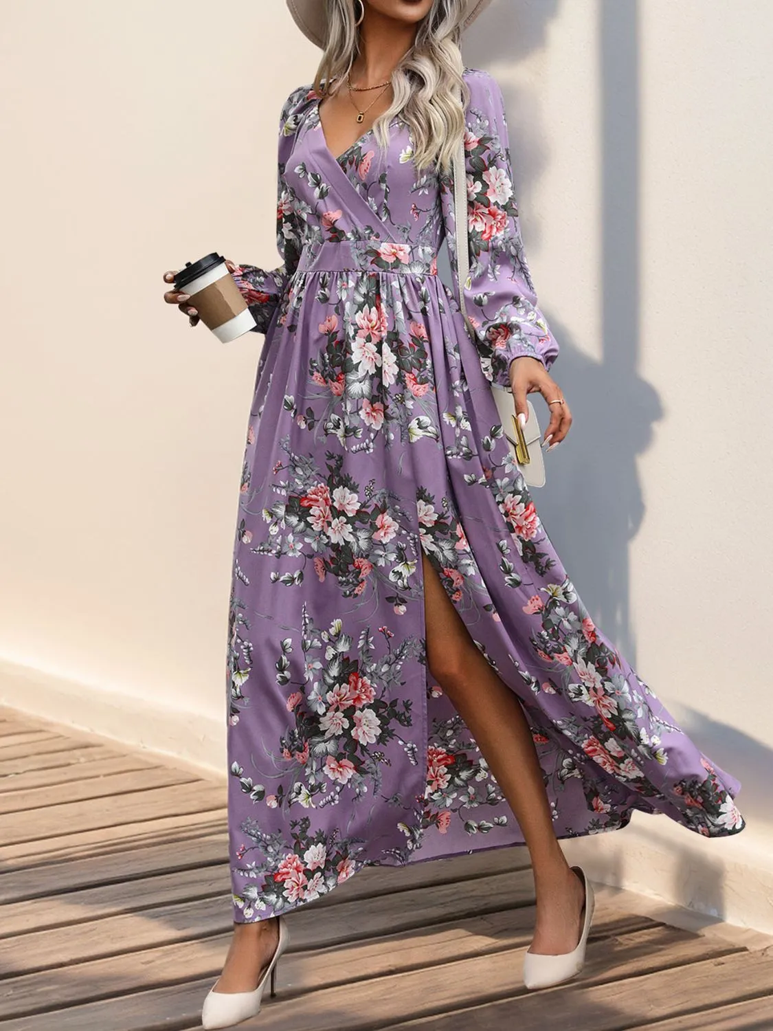 Hazel Blues® |  Slit Printed Surplice Long Sleeve Maxi Dress