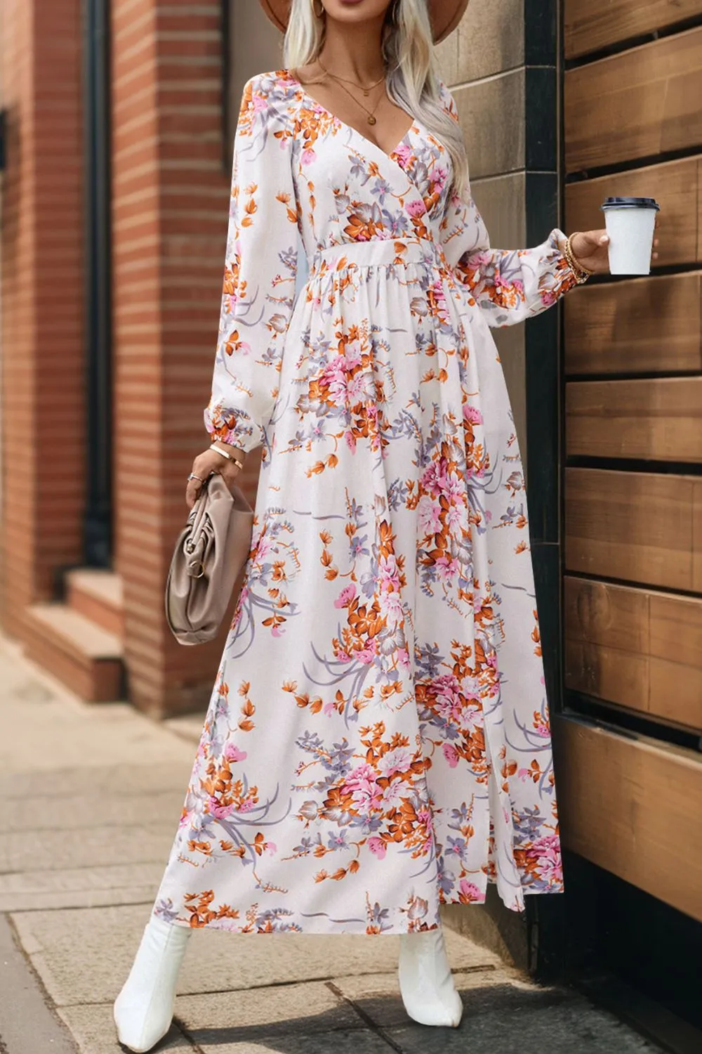 Hazel Blues® |  Slit Printed Surplice Long Sleeve Maxi Dress