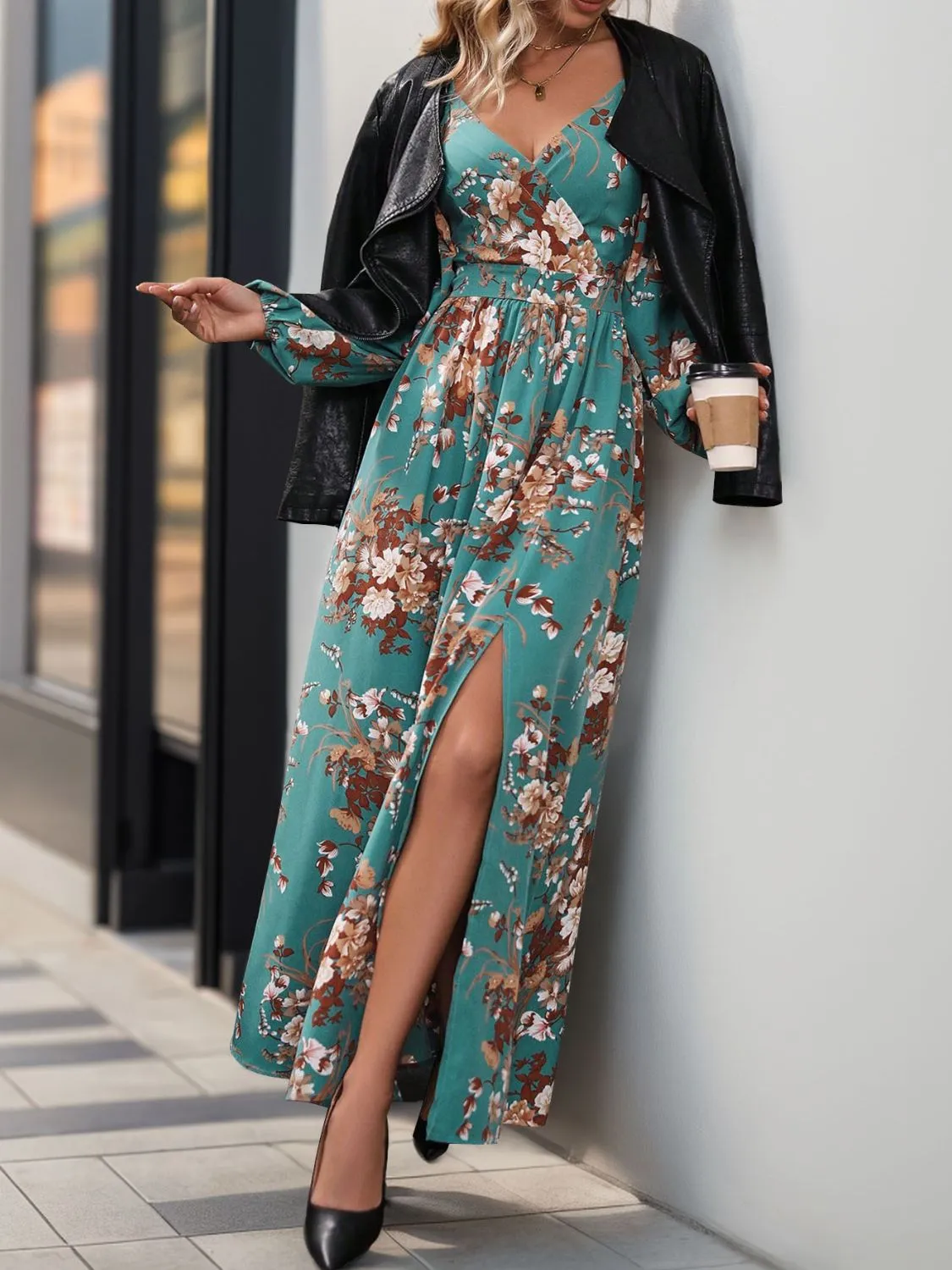 Hazel Blues® |  Slit Printed Surplice Long Sleeve Maxi Dress