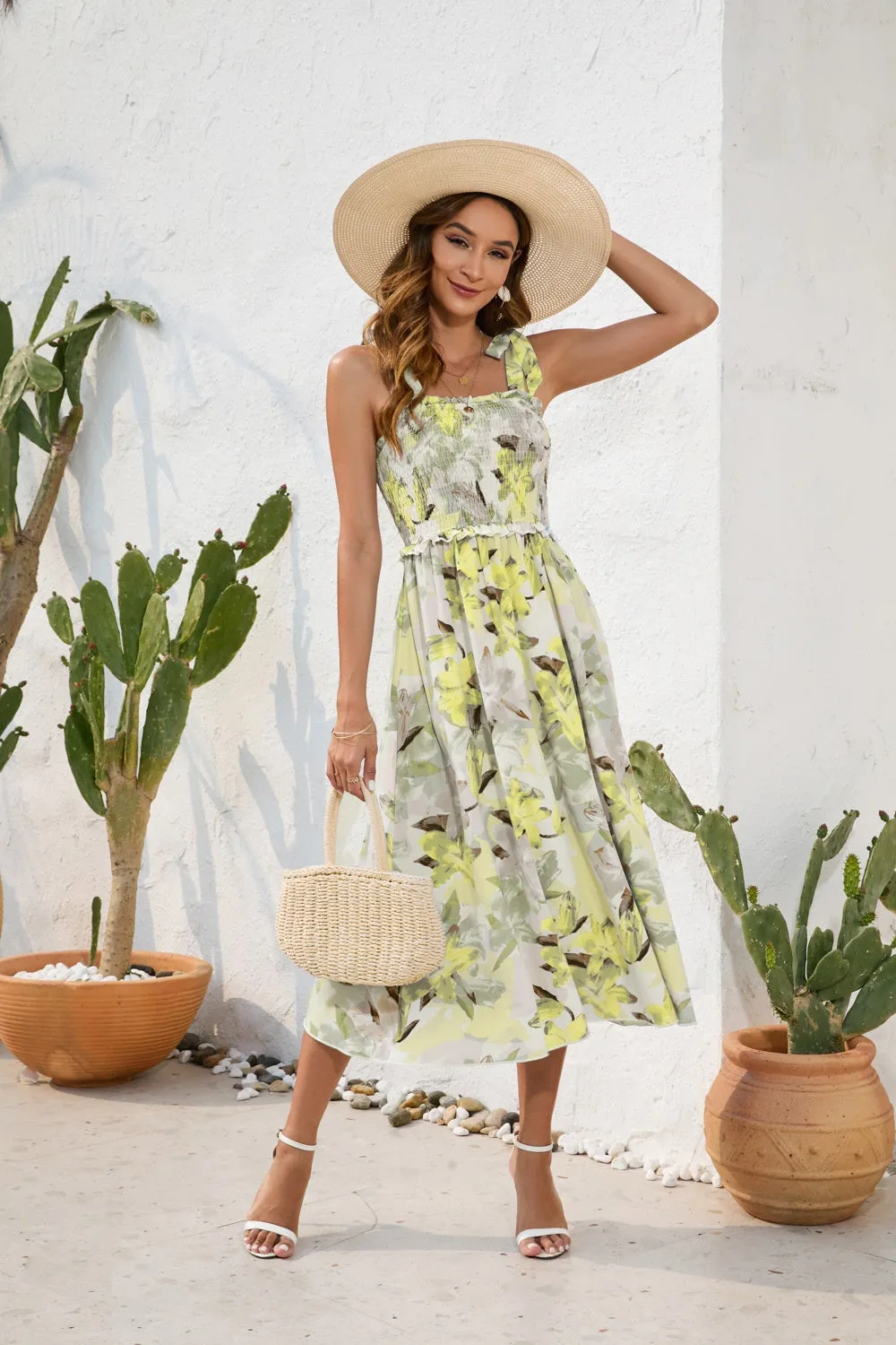 Hazel Blues® |  Smocked Printed Square Neck Midi Dress