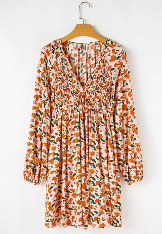 Hazel Blues® |  Smocked Printed V-Neck Long Sleeve Dress