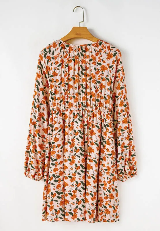 Hazel Blues® |  Smocked Printed V-Neck Long Sleeve Dress