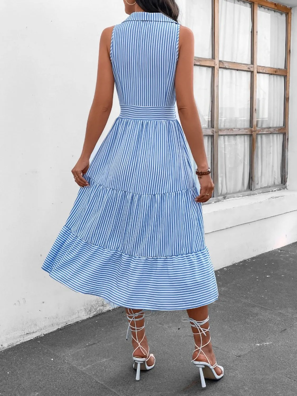 Hazel Blues® |  Striped Johnny Collar Sleeveless Midi Dress