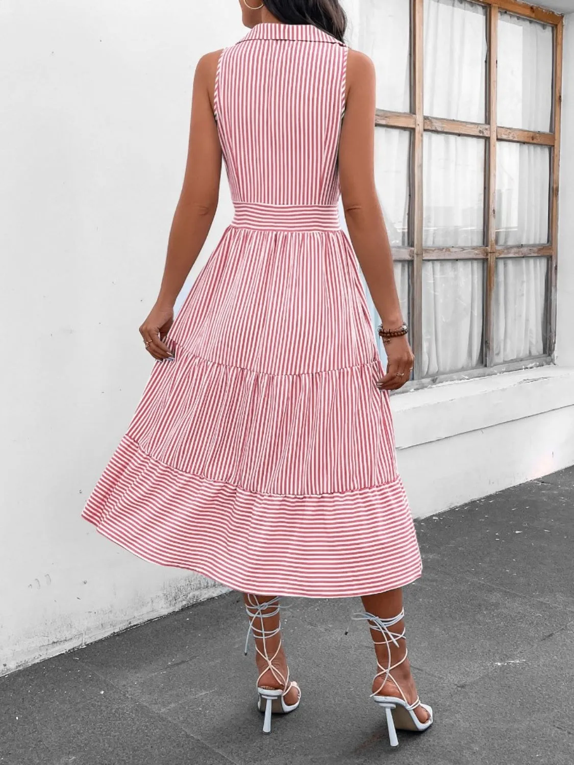 Hazel Blues® |  Striped Johnny Collar Sleeveless Midi Dress