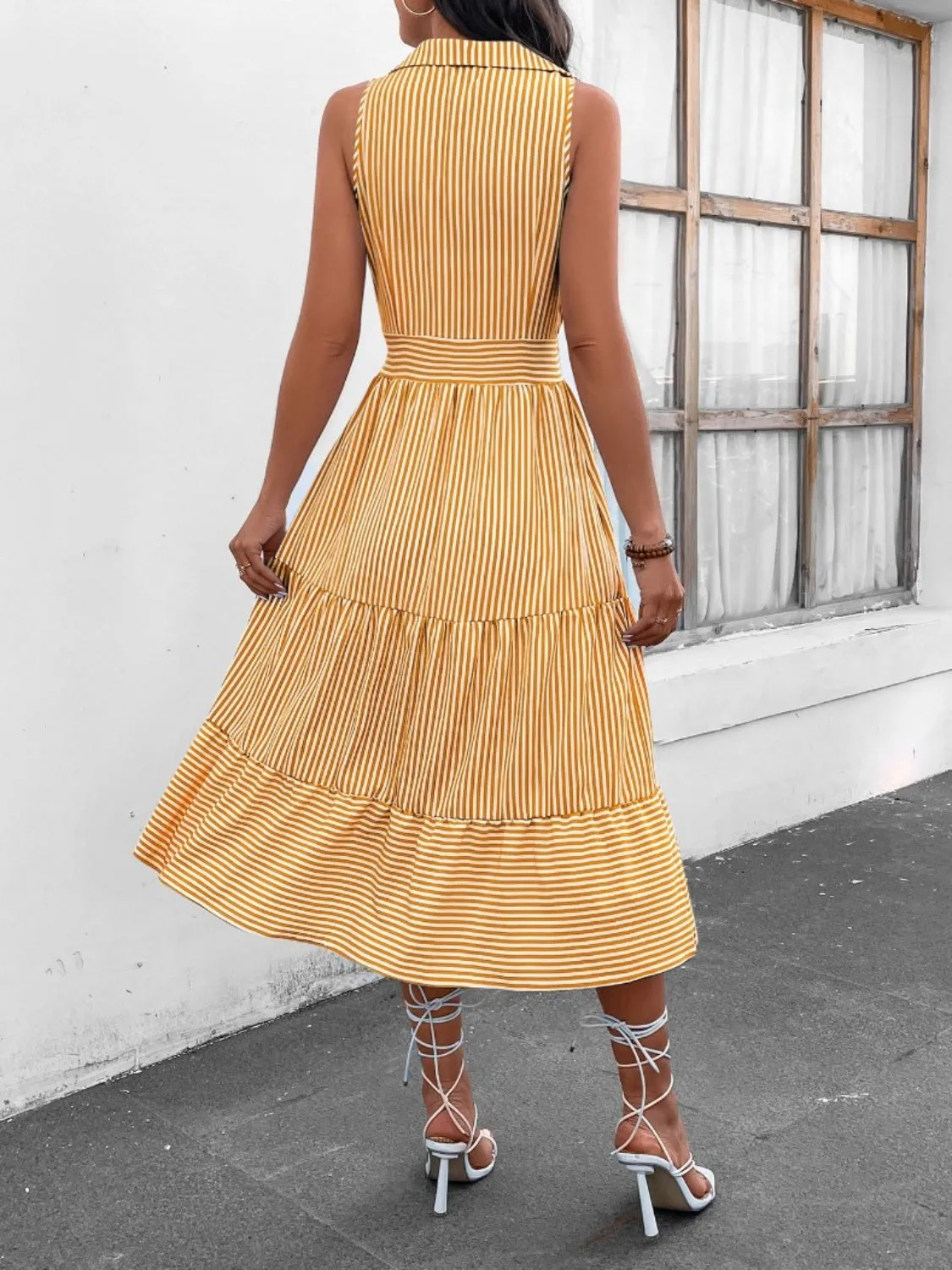 Hazel Blues® |  Striped Johnny Collar Sleeveless Midi Dress