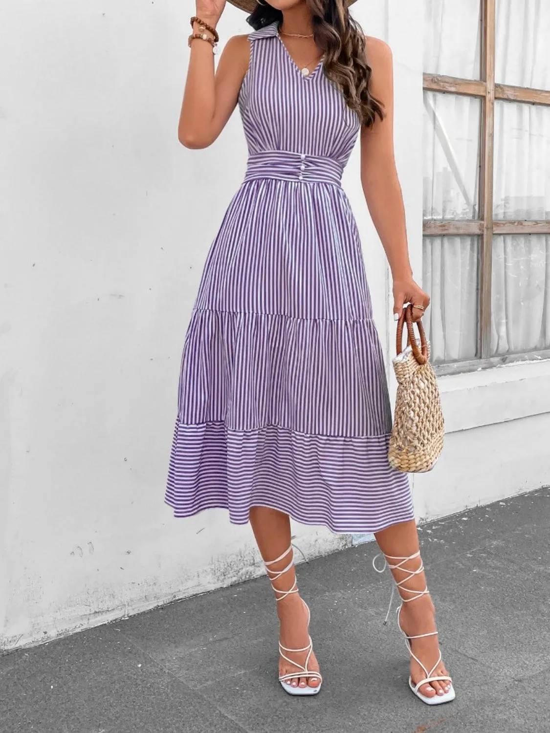 Hazel Blues® |  Striped Johnny Collar Sleeveless Midi Dress