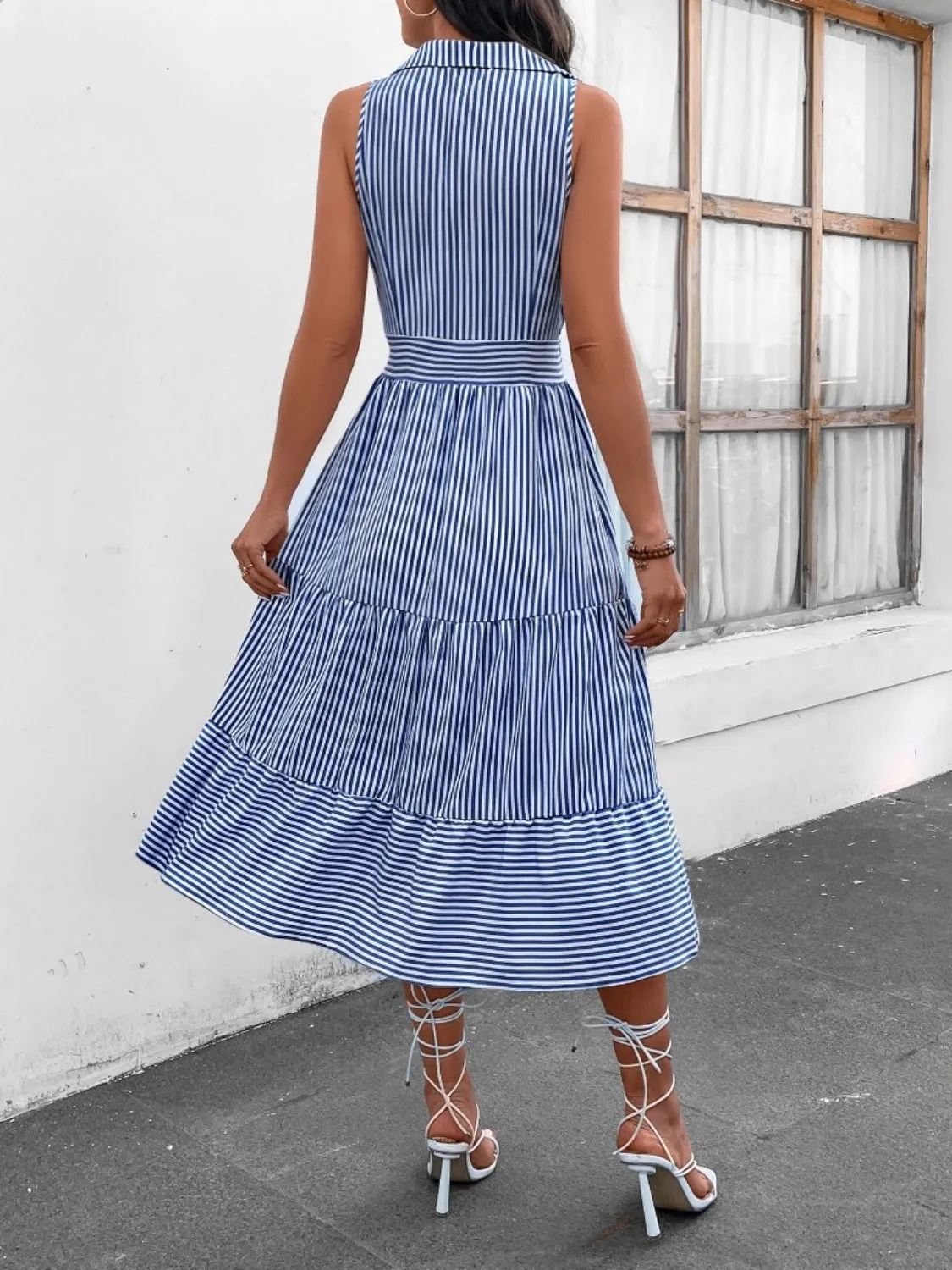 Hazel Blues® |  Striped Johnny Collar Sleeveless Midi Dress
