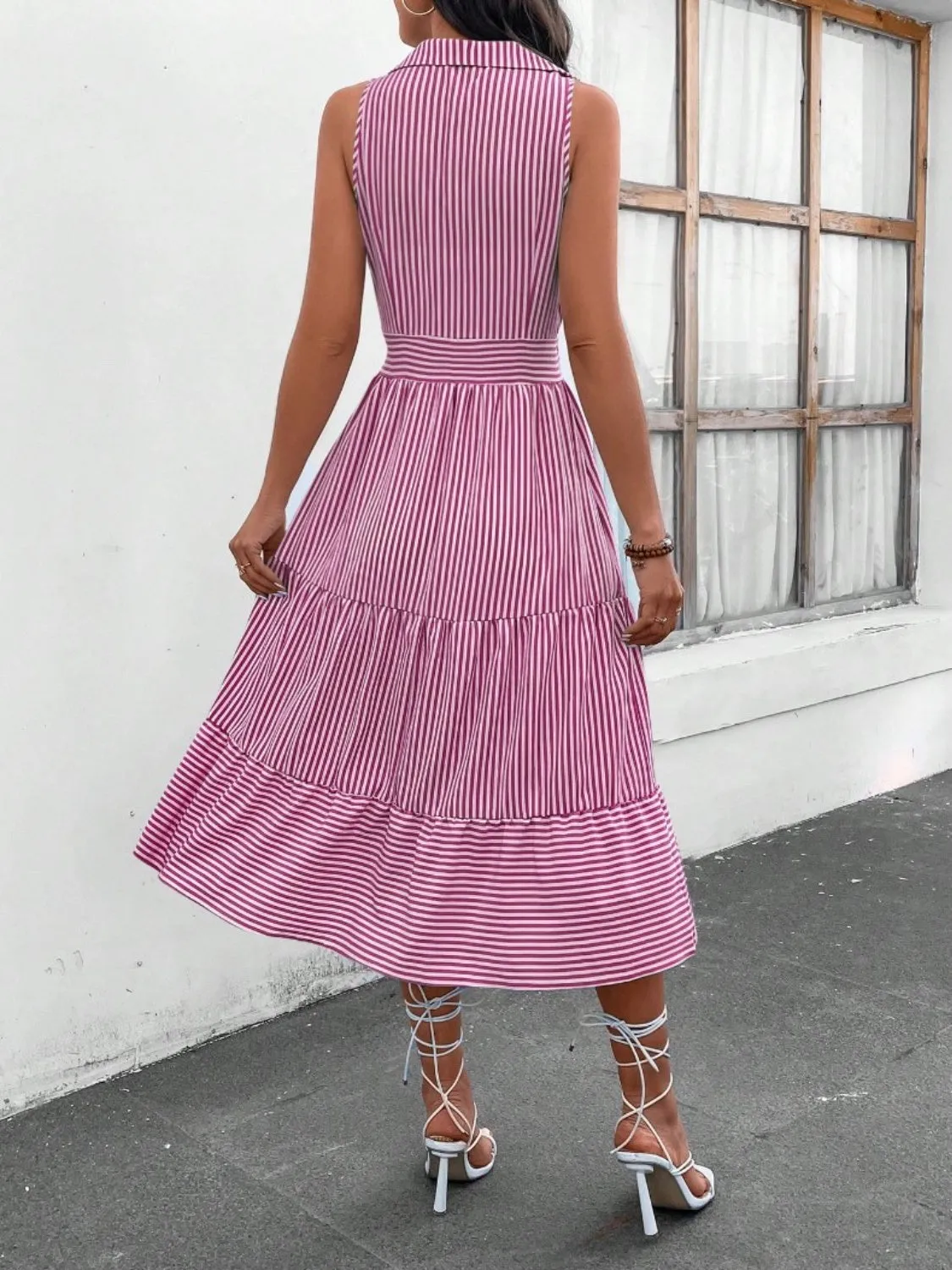 Hazel Blues® |  Striped Johnny Collar Sleeveless Midi Dress
