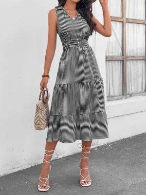Hazel Blues® |  Striped Johnny Collar Sleeveless Midi Dress