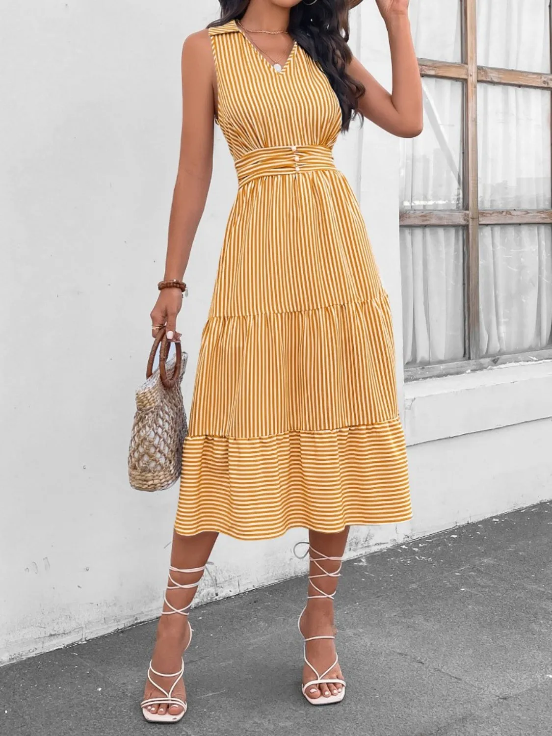 Hazel Blues® |  Striped Johnny Collar Sleeveless Midi Dress
