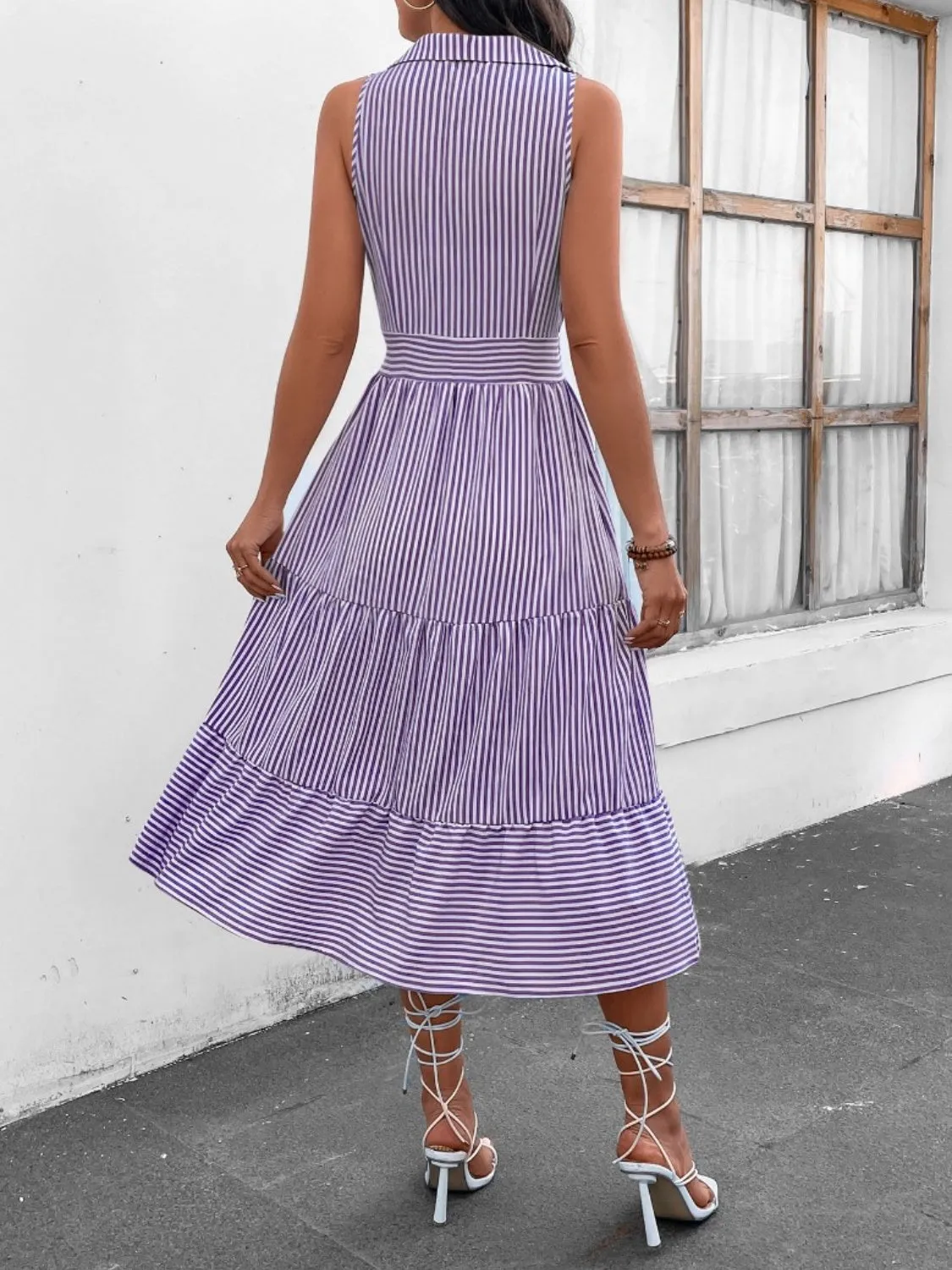 Hazel Blues® |  Striped Johnny Collar Sleeveless Midi Dress
