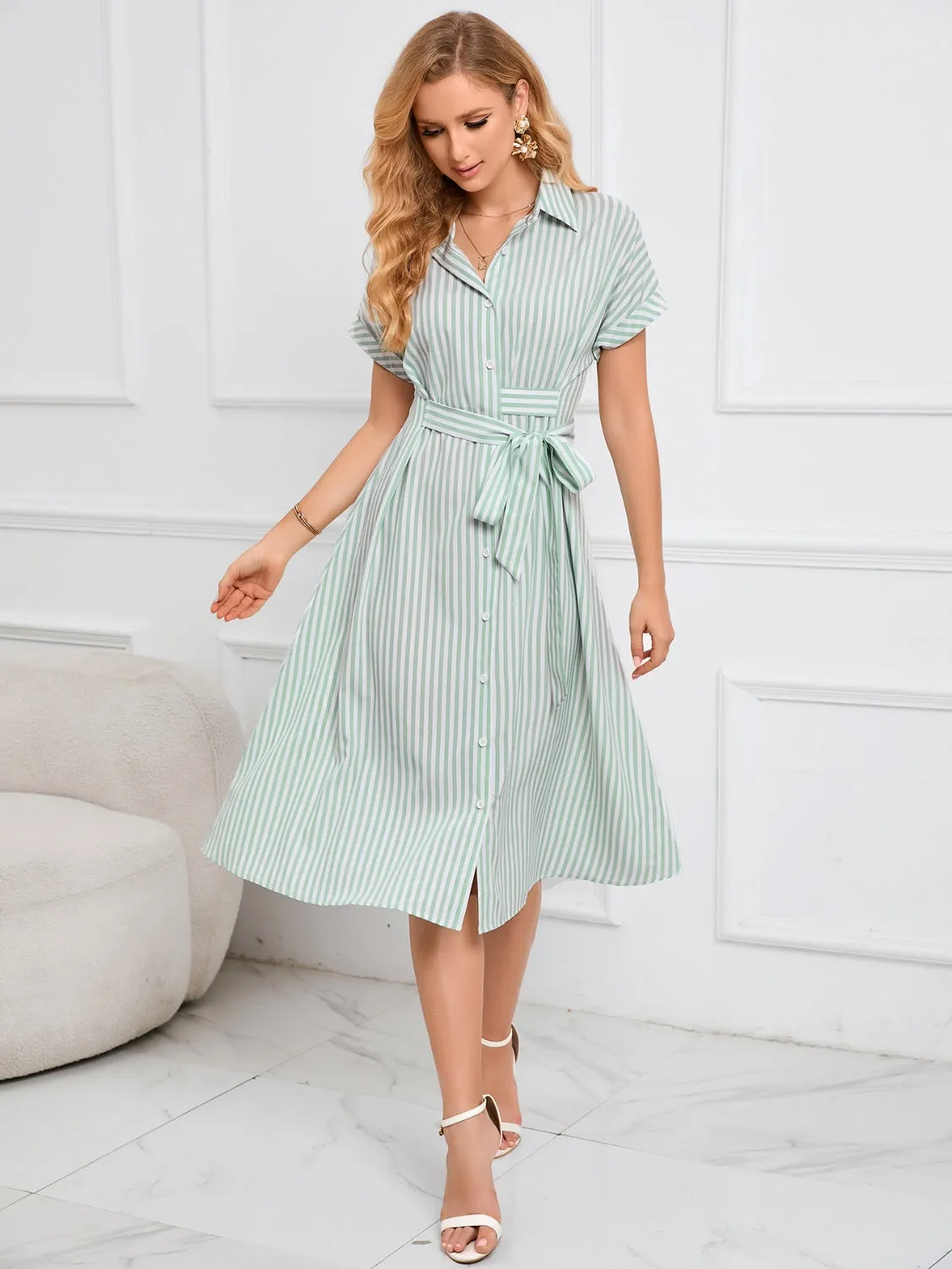 Hazel Blues® |  Striped Short Sleeve Tie Waist Midi Dress
