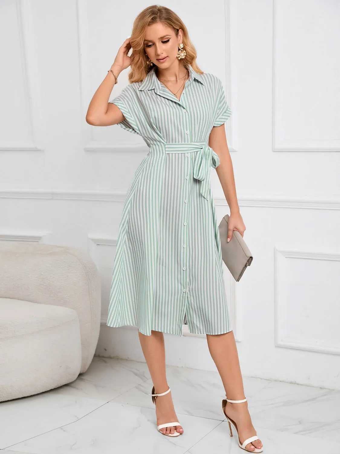 Hazel Blues® |  Striped Short Sleeve Tie Waist Midi Dress