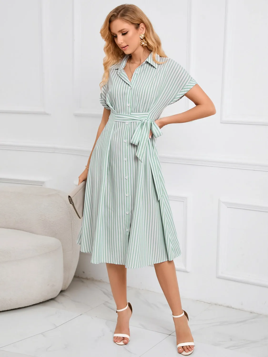 Hazel Blues® |  Striped Short Sleeve Tie Waist Midi Dress