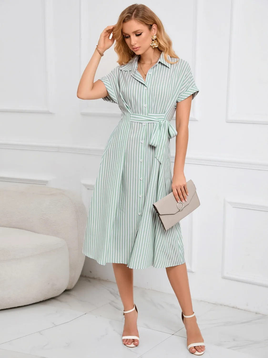 Hazel Blues® |  Striped Short Sleeve Tie Waist Midi Dress
