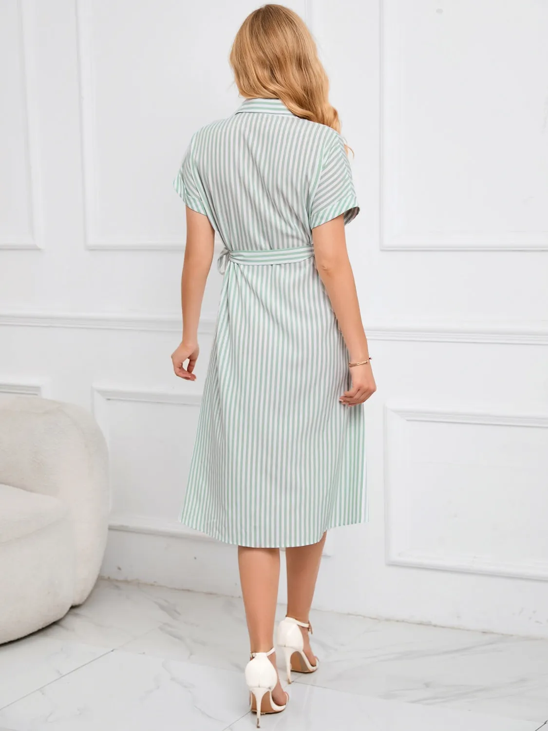 Hazel Blues® |  Striped Short Sleeve Tie Waist Midi Dress