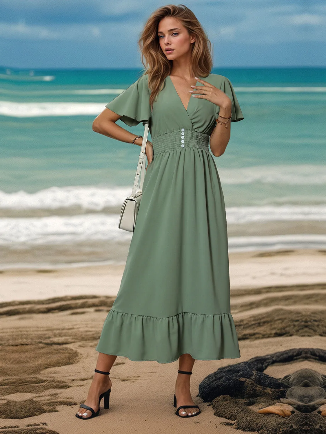 Hazel Blues® |  Surplice Flutter Sleeve Midi Dress