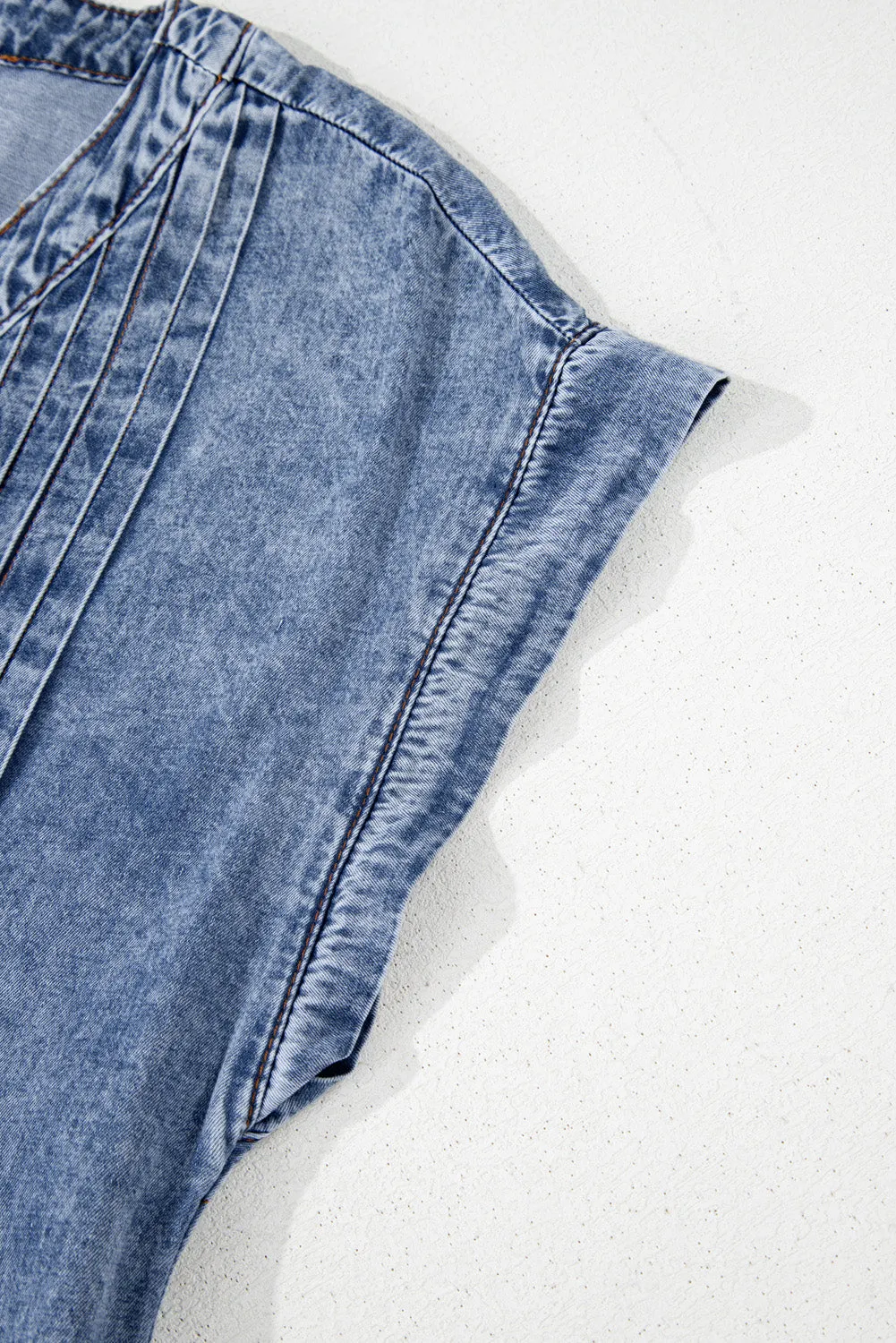 Hazel Blues® |  Tie V Neck Tucking Detail Short Sleeve Denim Dress