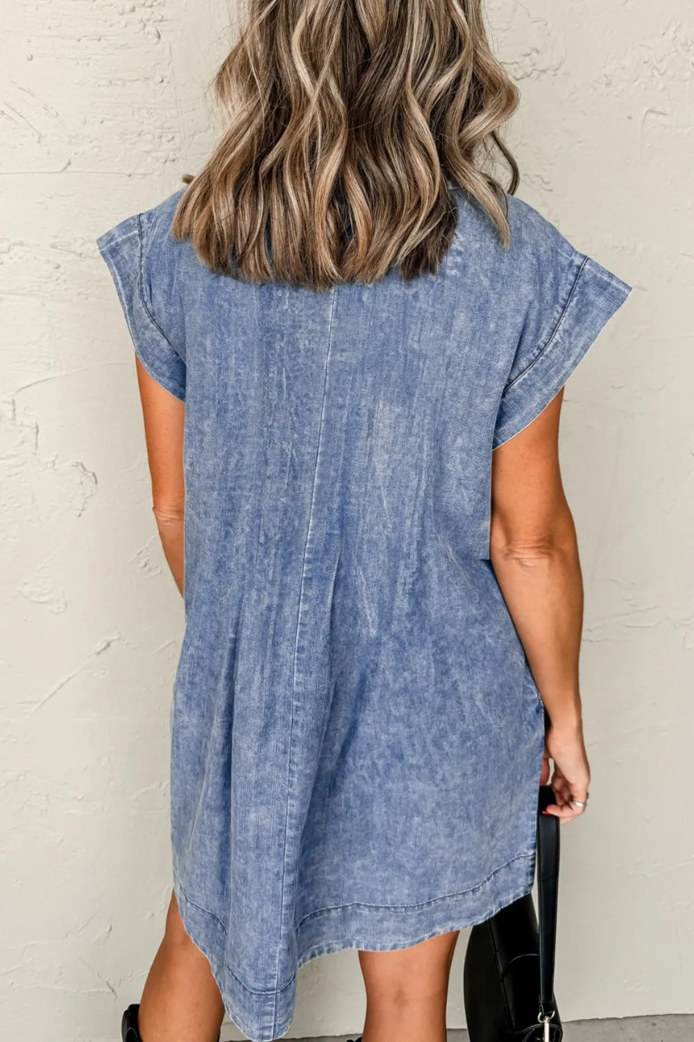 Hazel Blues® |  Tie V Neck Tucking Detail Short Sleeve Denim Dress