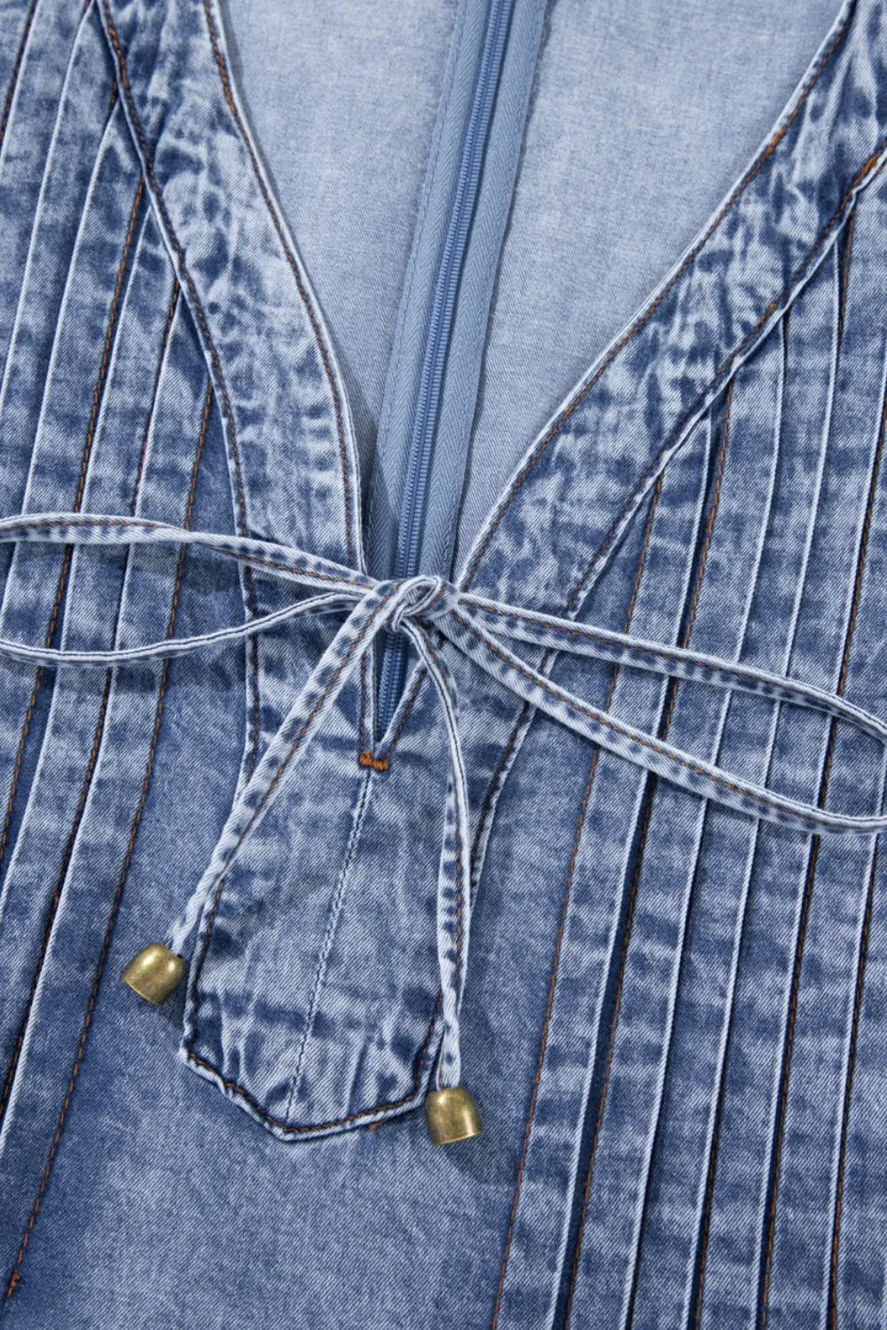 Hazel Blues® |  Tie V Neck Tucking Detail Short Sleeve Denim Dress