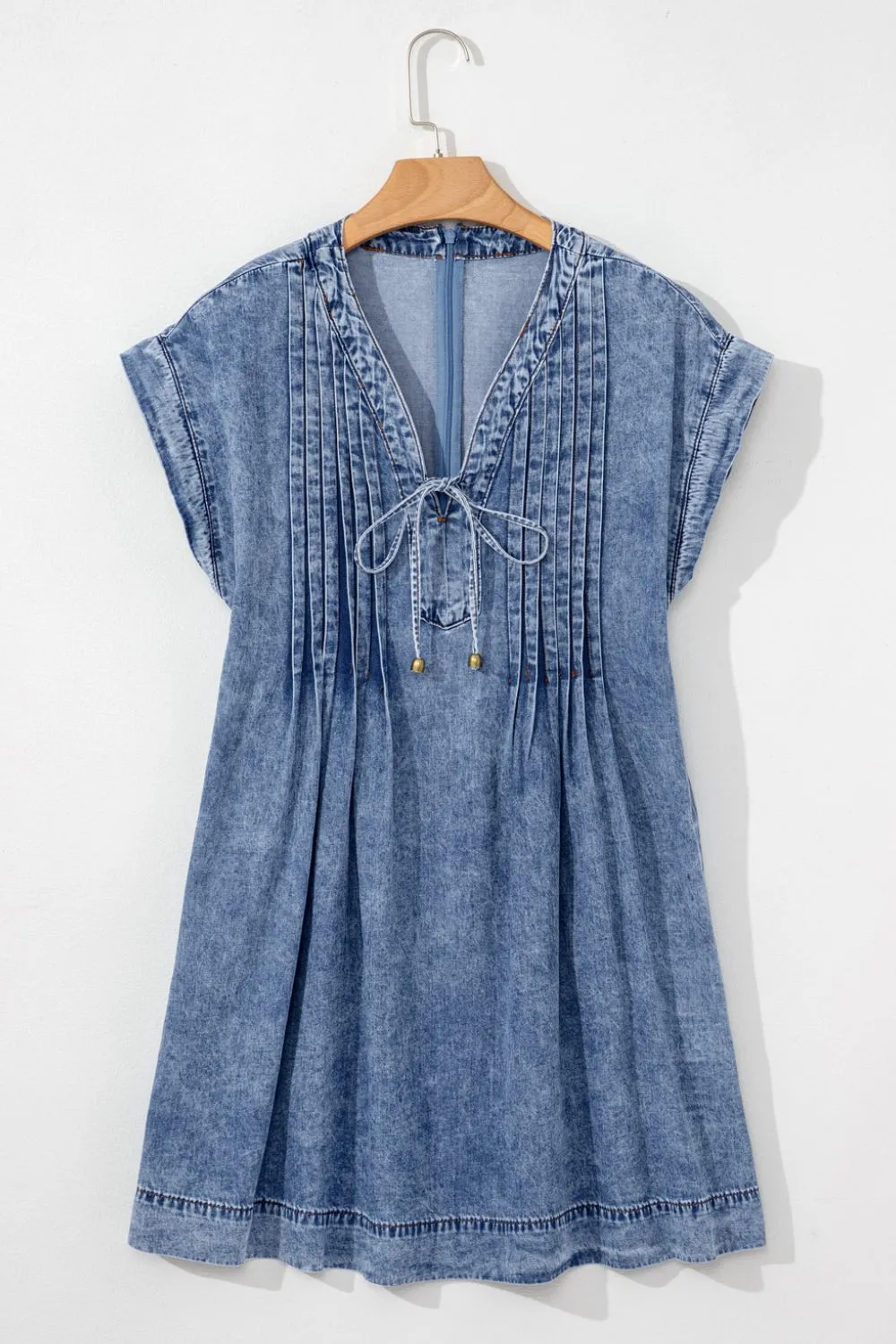 Hazel Blues® |  Tie V Neck Tucking Detail Short Sleeve Denim Dress