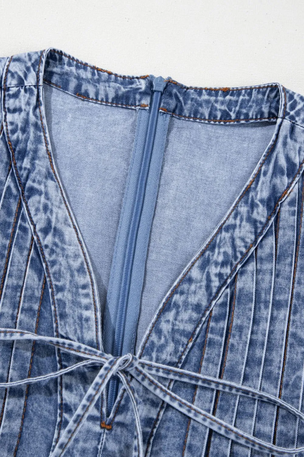 Hazel Blues® |  Tie V Neck Tucking Detail Short Sleeve Denim Dress