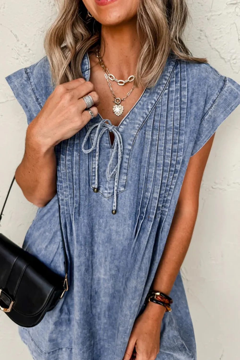Hazel Blues® |  Tie V Neck Tucking Detail Short Sleeve Denim Dress