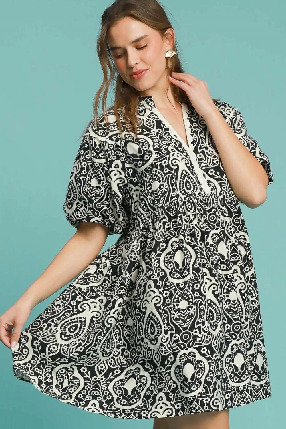 Hazel Blues® | Umgee Abstract Print Puff Sleeve Dress