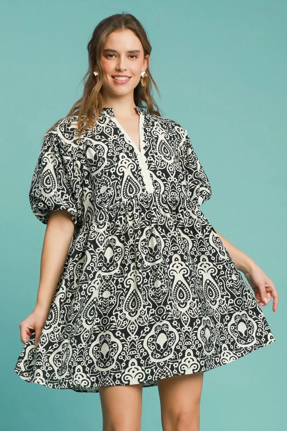 Hazel Blues® | Umgee Abstract Print Puff Sleeve Dress
