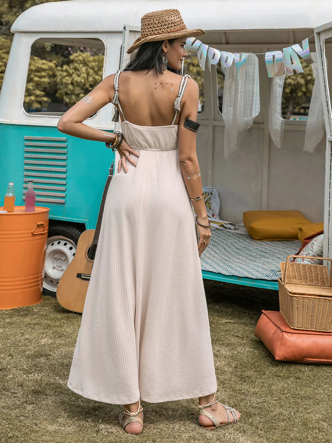 Hazel Blues® |  Waffle-Knit Tied Spaghetti Strap Dress