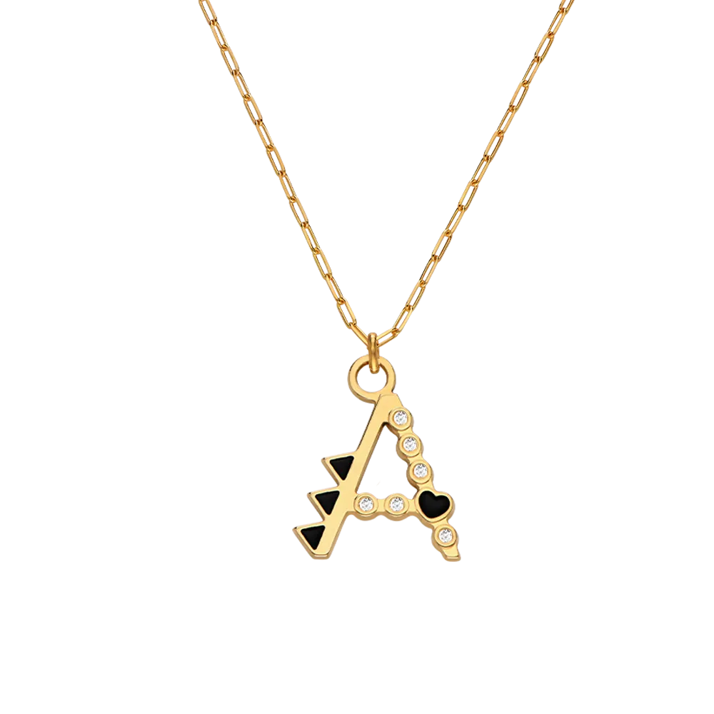 Heart On Lock Black Enamel Initial With Diamonds - Gold