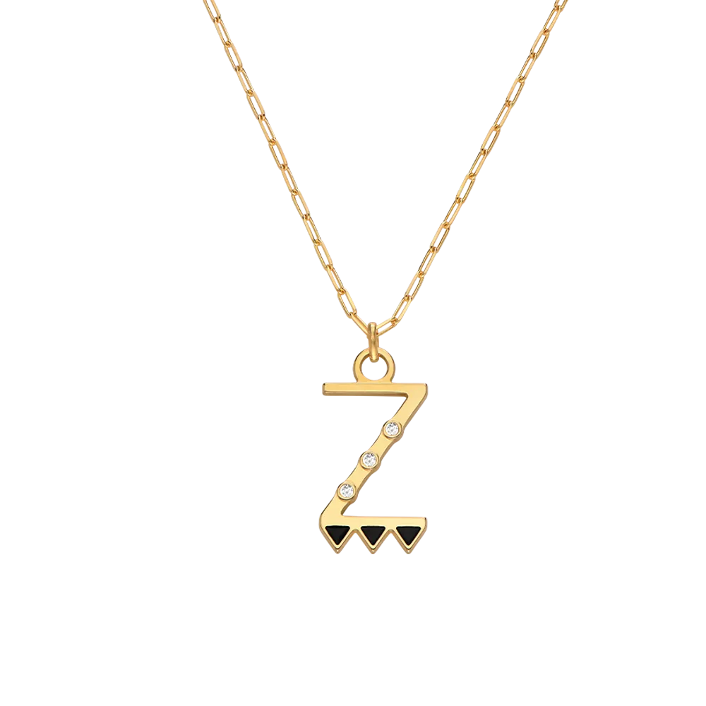 Heart On Lock Black Enamel Initial With Diamonds - Gold