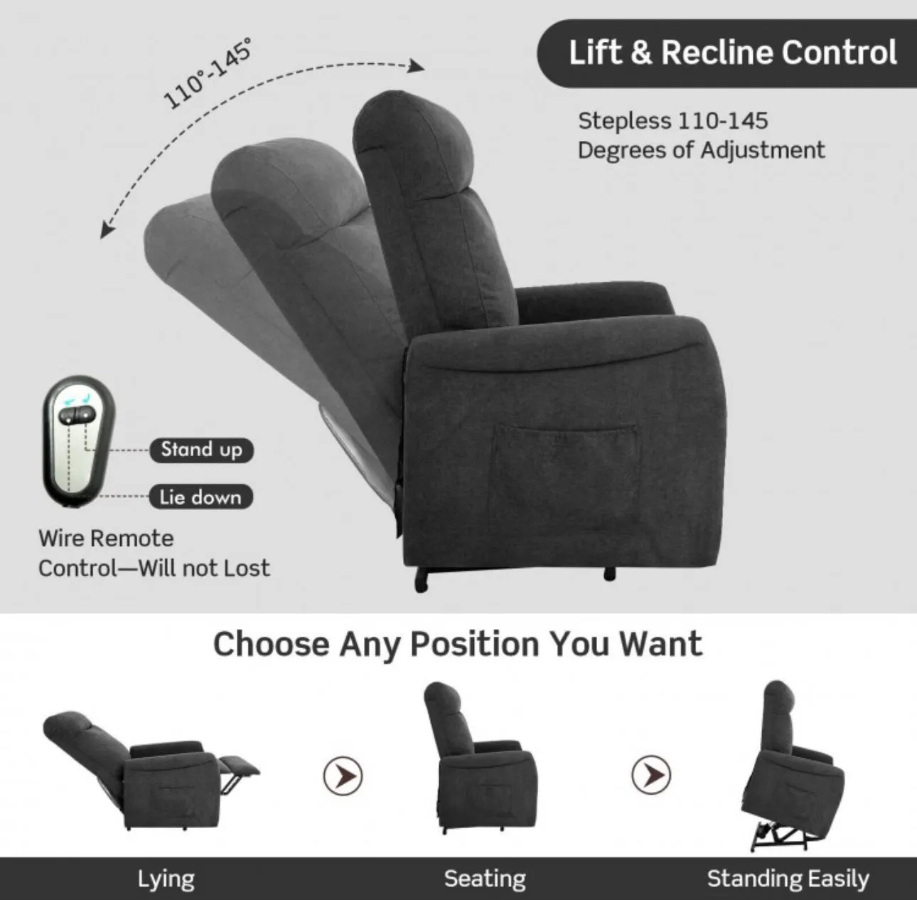 Heavy Duty Modern Power Lift Recliner Chair With Remote Control | For The Elderly | Everyone | Holds 330lbs | Laying | Seating | Standing Easily | Quiet Motor
