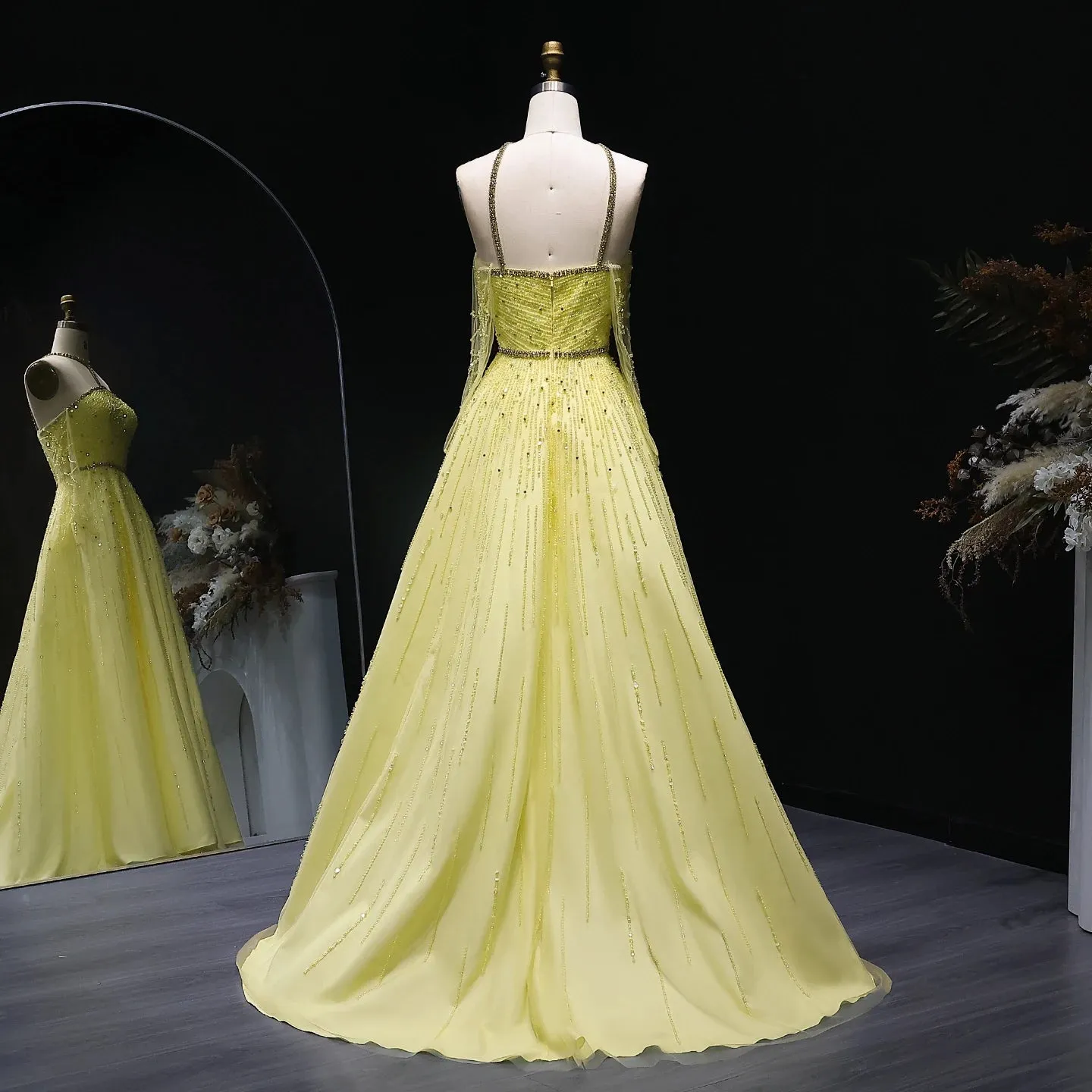 HELEN Luxury Beaded Yellow Halter Evening Dress with Gloves