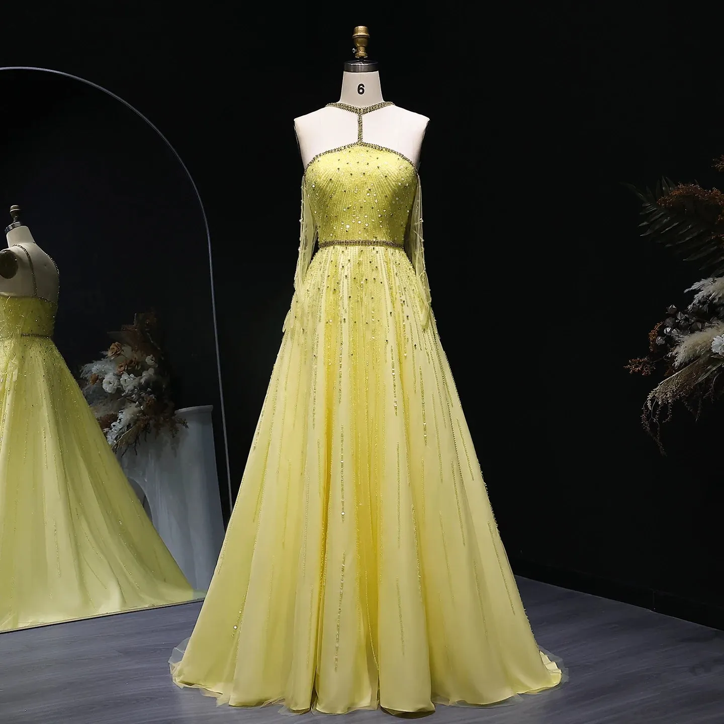 HELEN Luxury Beaded Yellow Halter Evening Dress with Gloves
