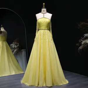 HELEN Luxury Beaded Yellow Halter Evening Dress with Gloves