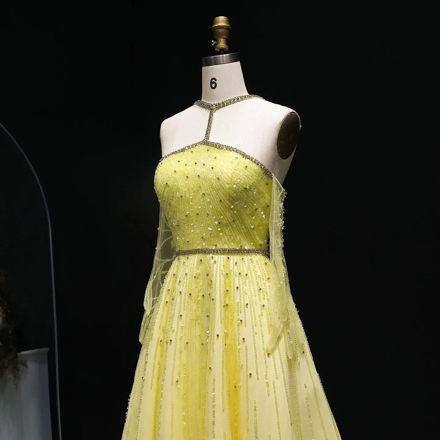 HELEN Luxury Beaded Yellow Halter Evening Dress with Gloves