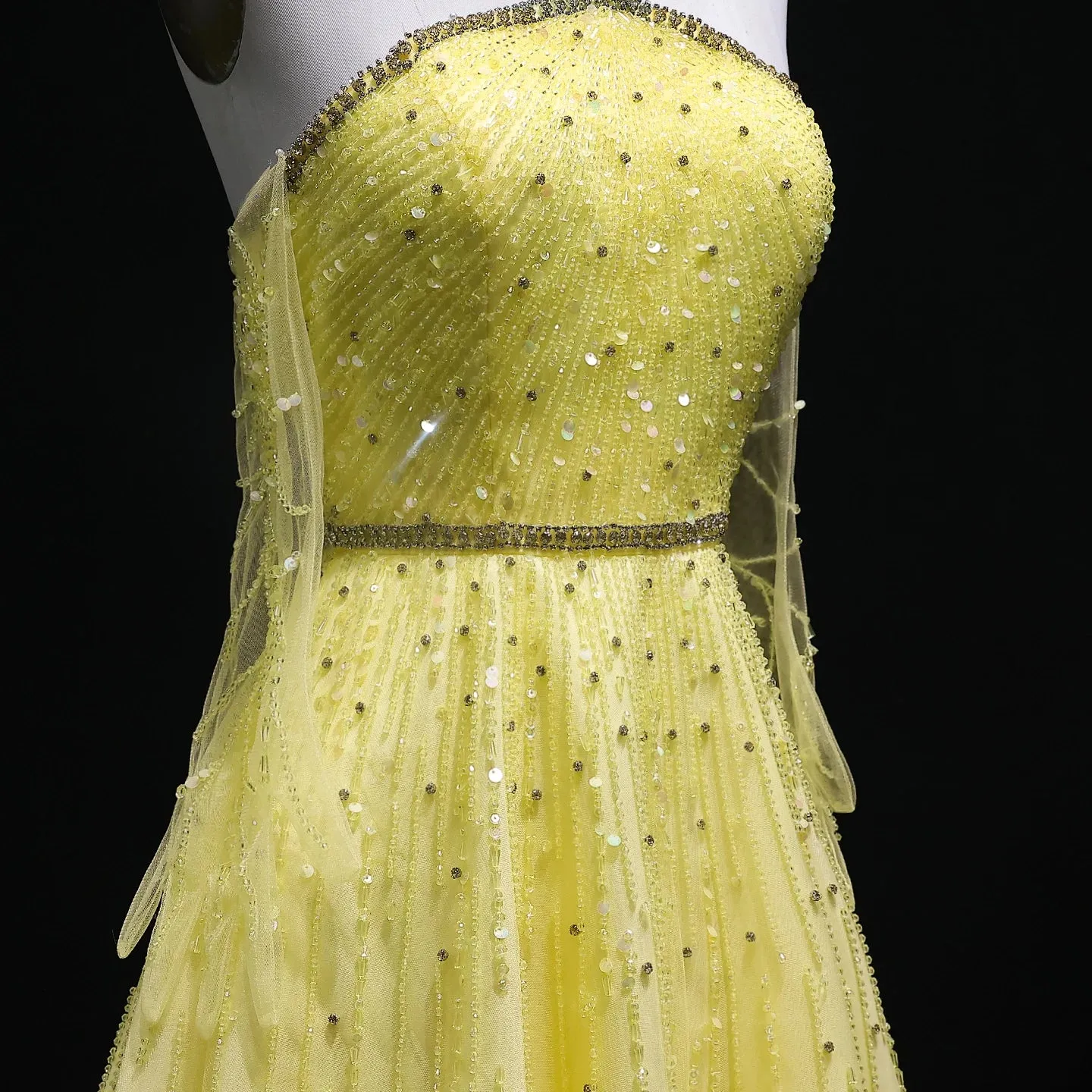 HELEN Luxury Beaded Yellow Halter Evening Dress with Gloves
