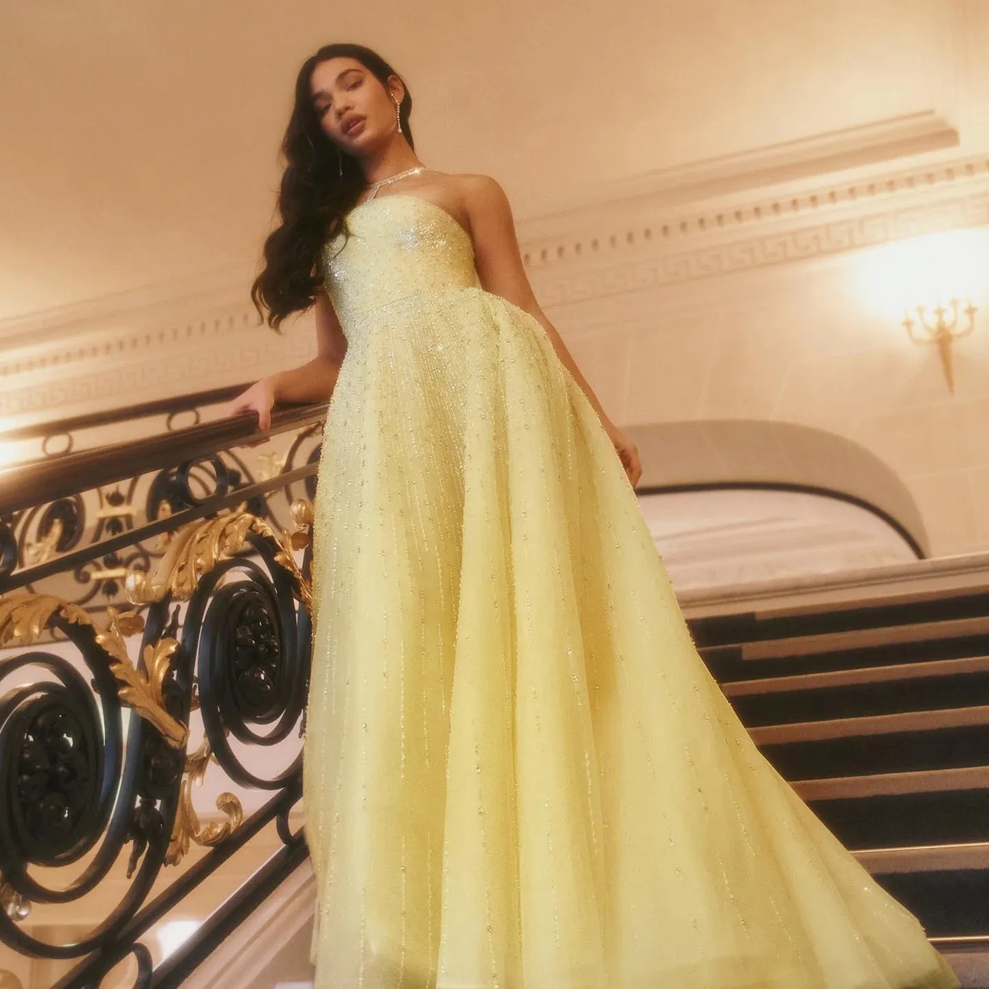 HELEN Luxury Beaded Yellow Halter Evening Dress with Gloves