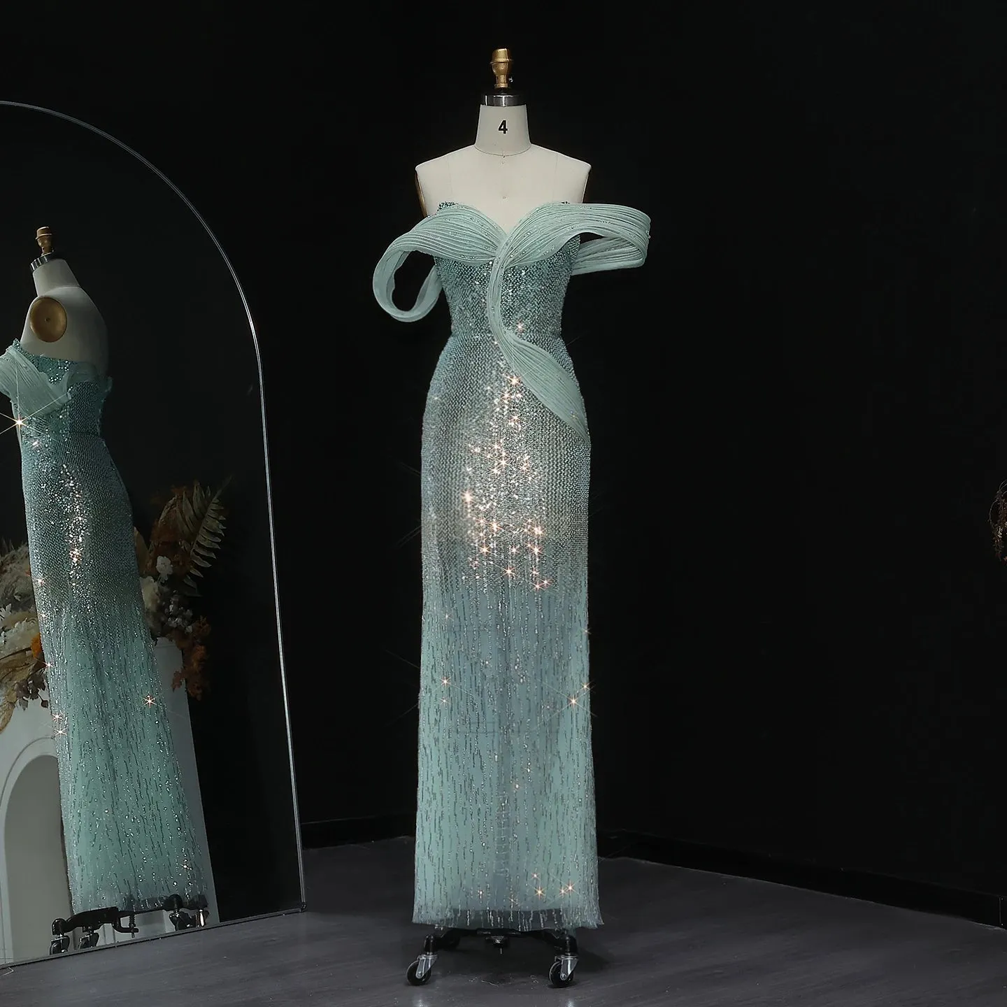 HELEN Luxury Mint Green Off Shoulder Evening Dress