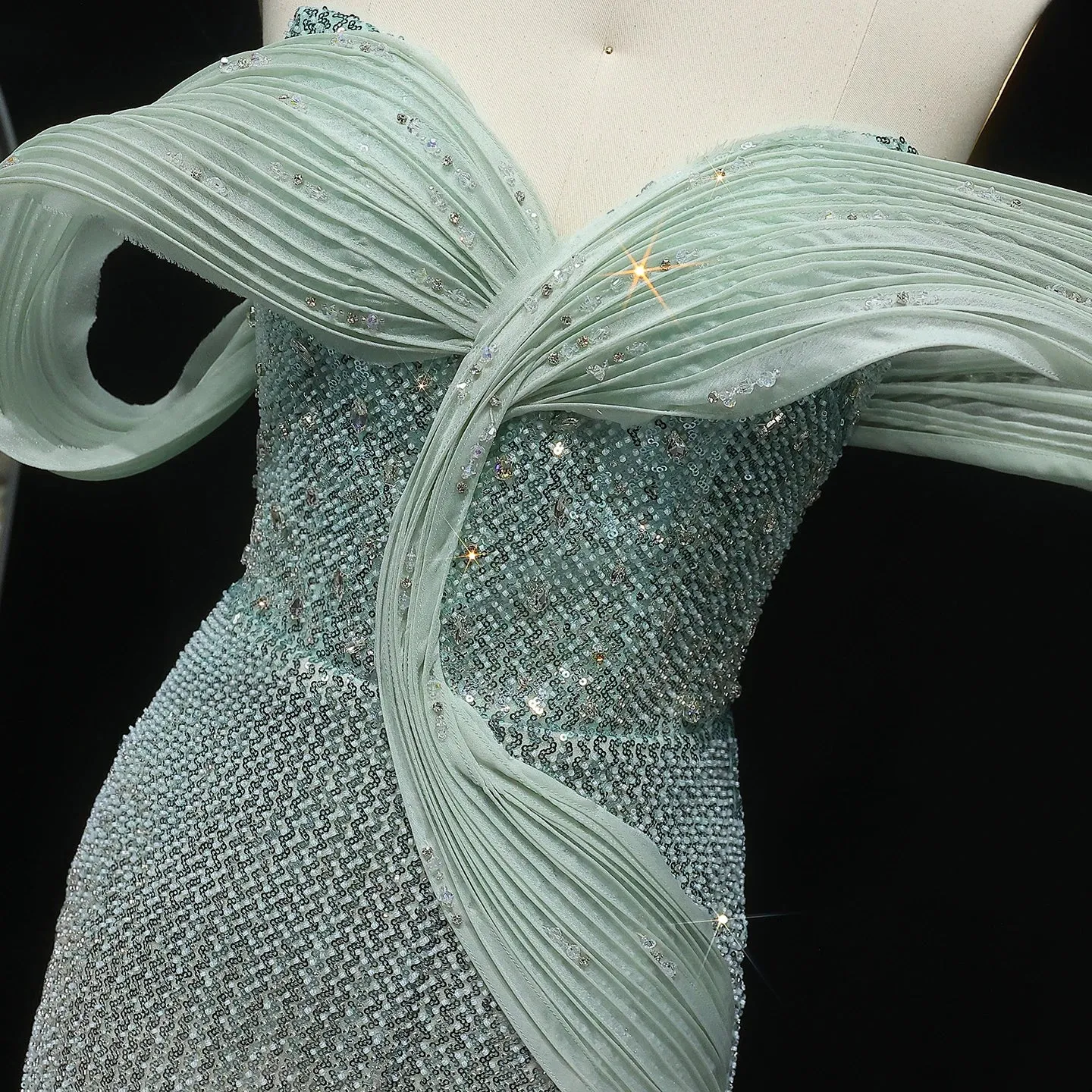 HELEN Luxury Mint Green Off Shoulder Evening Dress