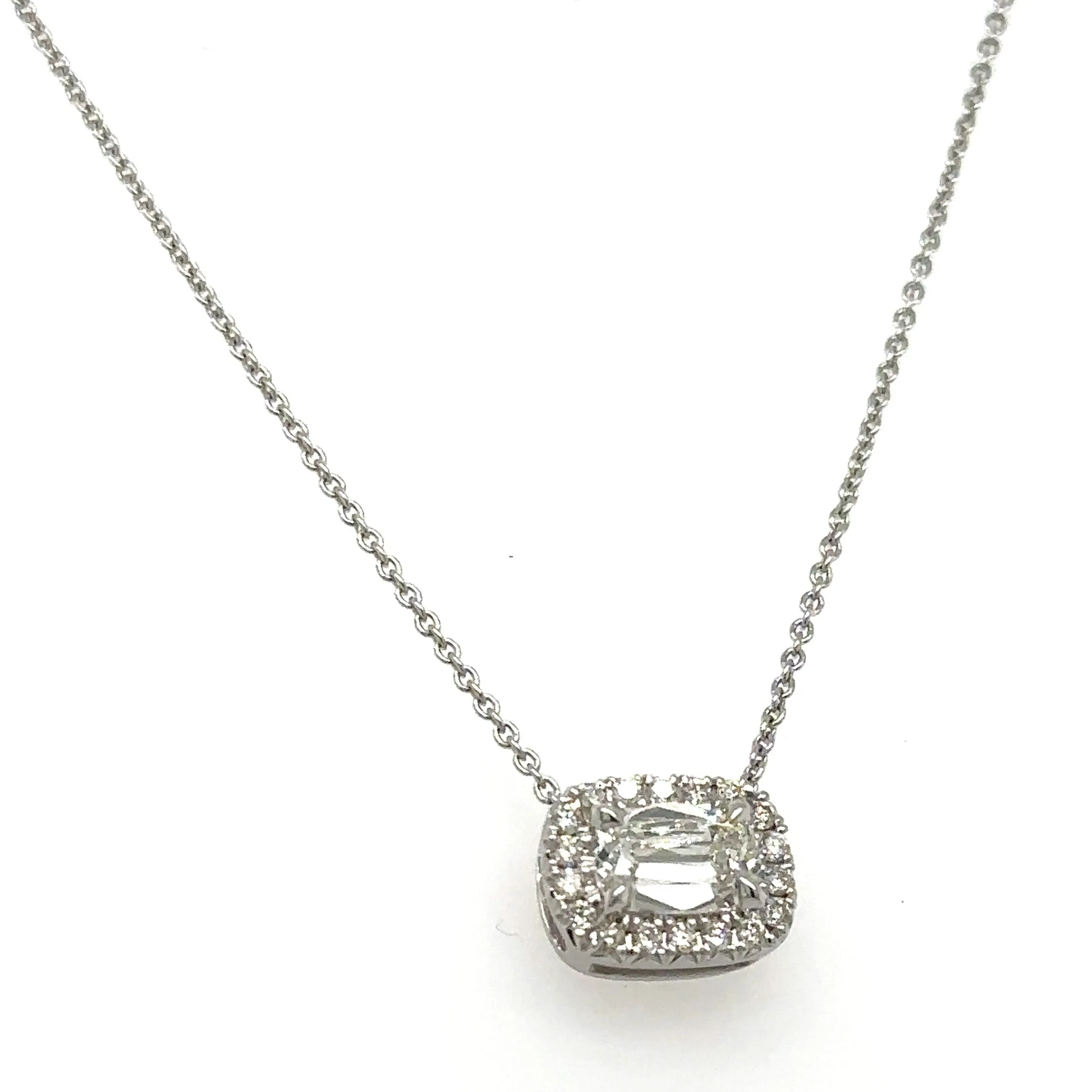 Henri Daussi Designer Signed 0.67ct t.w. Diamond Cushion Brilliant Cut Halo East - West Set Solitaire Pendant Necklace